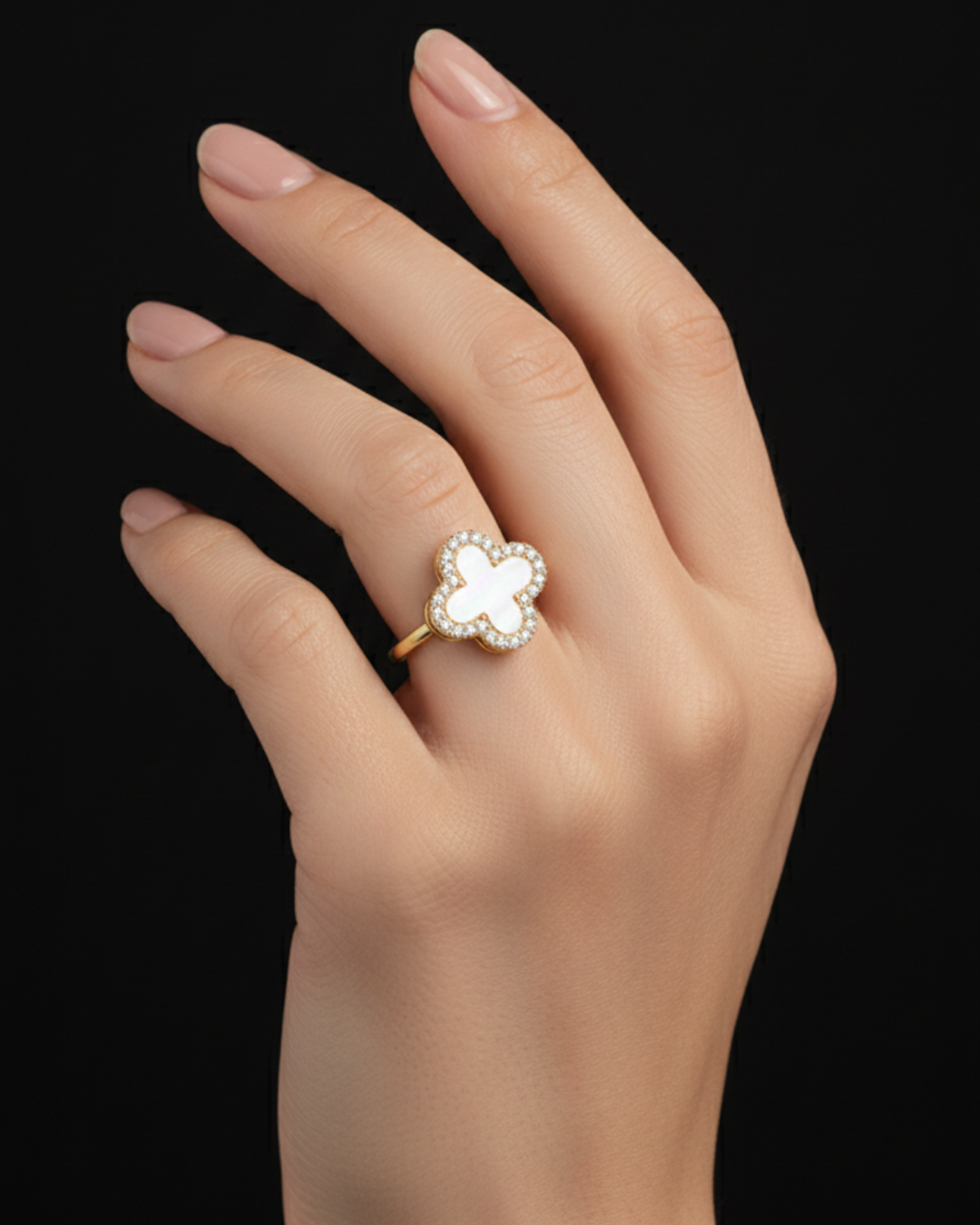 Rotatable Clover Pearl Ring(Golden White)